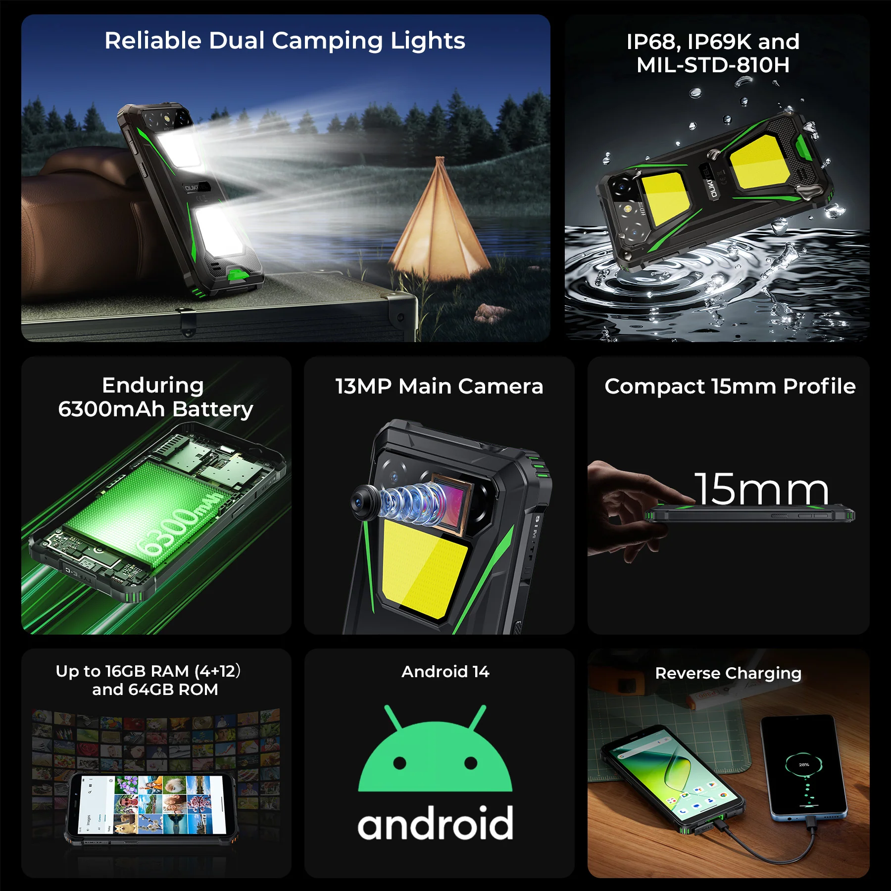 OUKITEL G5-EV 4G Rugged Phone 6 HD+ Display 6300mAh Big Battery 13MP Camera Camping Light Android 14(4GB+64GB) - Image 5