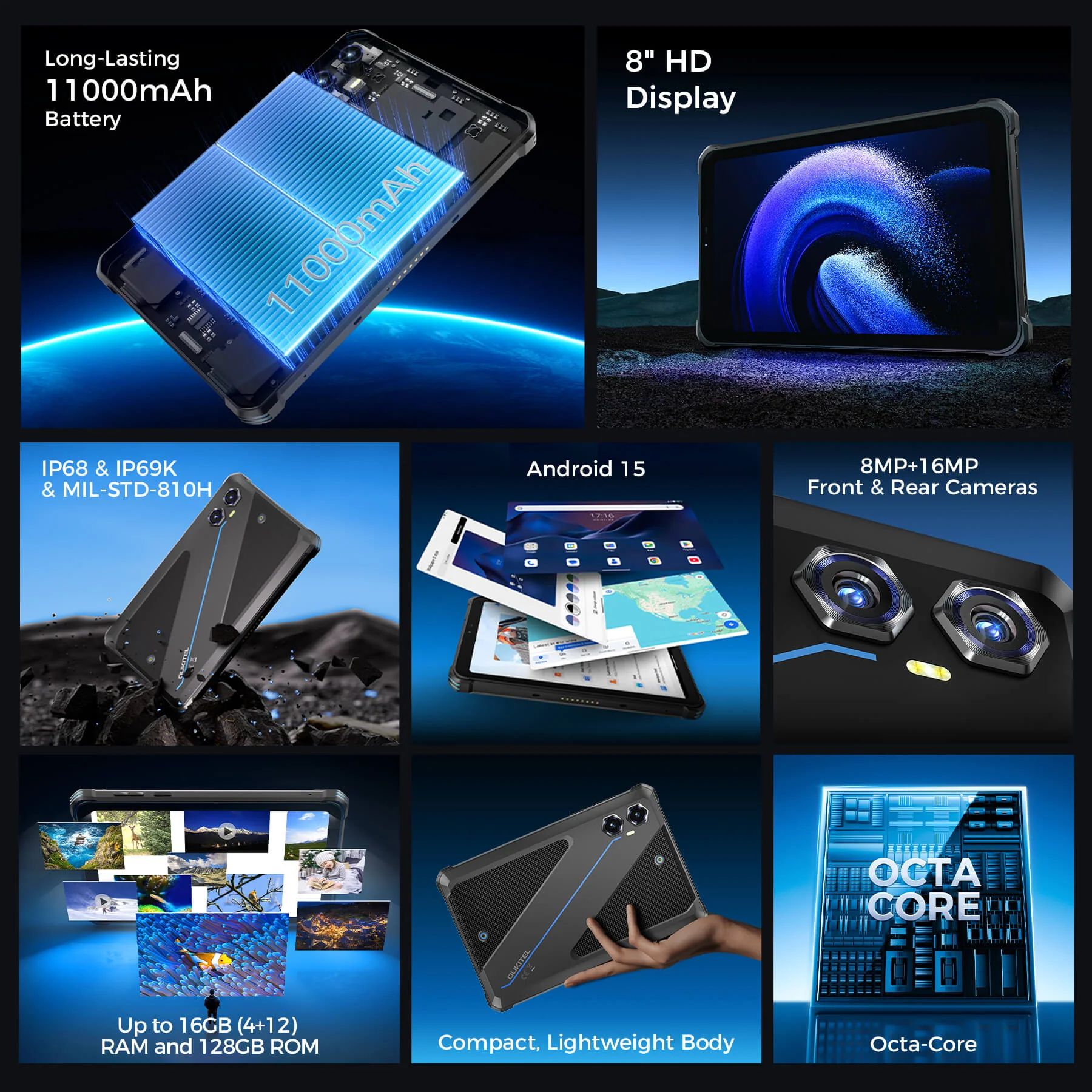 OUKITEL RT3 Plus 4G RuggedTablet 8-inch 11000mAh Big Battery 16MP Camera Android 15 (4GB+128GB NFC) - Image 3
