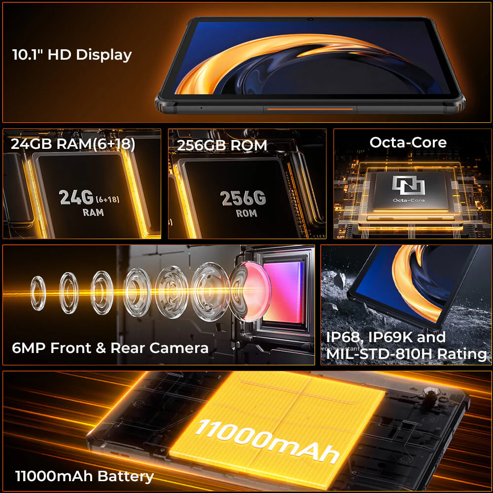 OUKITEL RT9 Rugged Tablet 10.1-inch 2K 11000mAh Big Battery 16MP Camera Android 14 (24GB+256GB) - Image 5