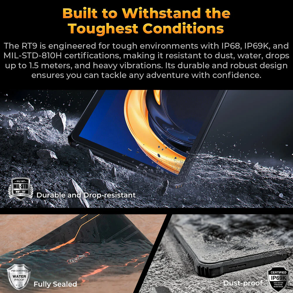 OUKITEL RT9 Rugged Tablet 10.1-inch 2K 11000mAh Big Battery 16MP Camera Android 14 (24GB+256GB) - Image 9